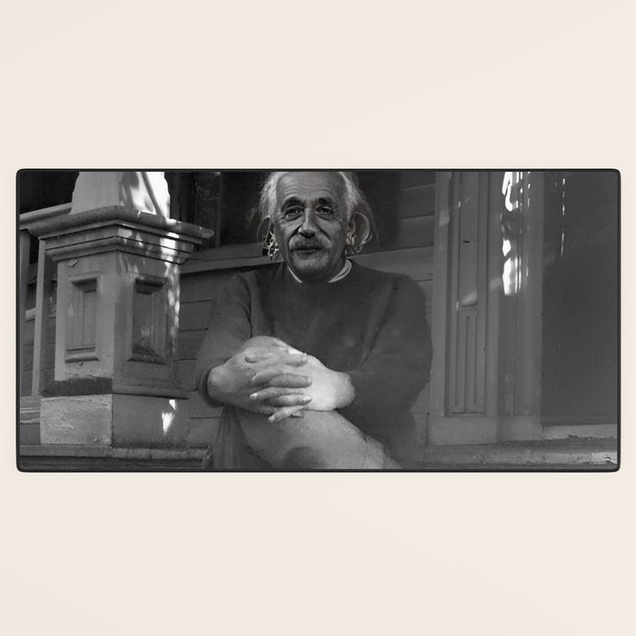 Satirical Einstein in Fuzzy Pink Slippers Classic E = mc² Black and White Satirical Photography  Desk Mat Gallery Image 3