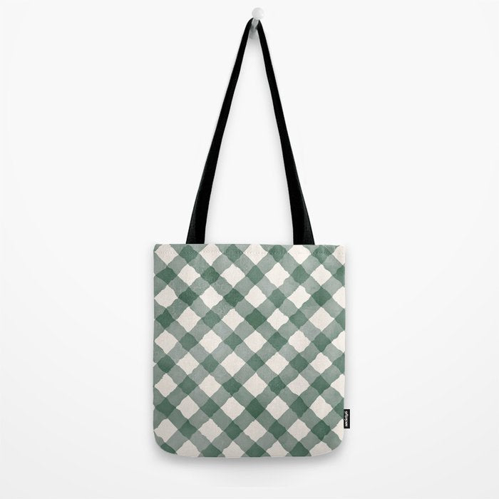 Hand Painted Dark Green Festive Gingham Theme Tote Bag Gallery Image 2
