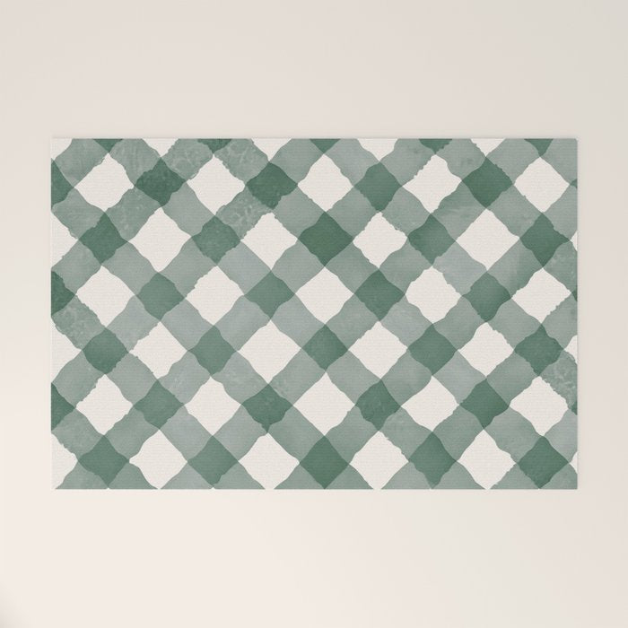 Hand Painted Dark Green Festive Gingham Theme Welcome Mat Gallery Image 1