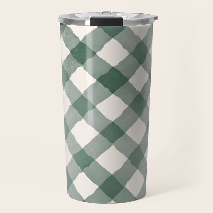 Hand Painted Dark Green Festive Gingham Theme Travel Mug Gallery Image 1