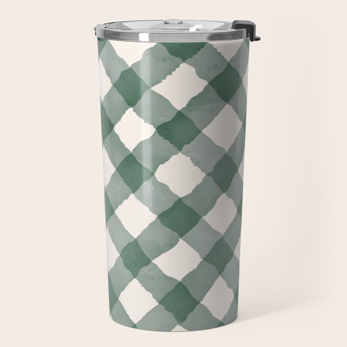 Hand Painted Dark Green Festive Gingham Theme Travel Mug Gallery Image 2