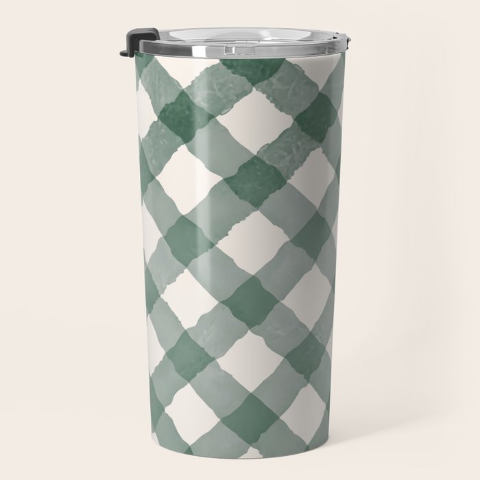 Hand Painted Dark Green Festive Gingham Theme Travel Mug Gallery Image 3