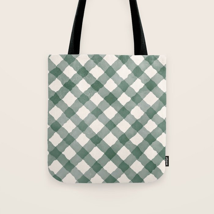 Hand Painted Dark Green Festive Gingham Theme Tote Bag Gallery Image 1