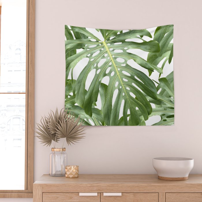 Vibrant tropical foliage on white Wall Tapestry Gallery Image 2