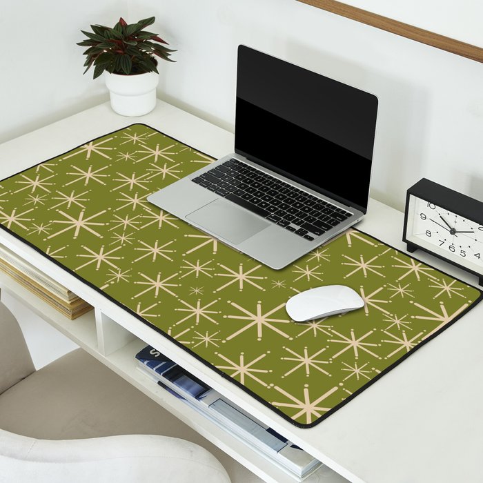 Stella - Retro Midcentury Modern Starbursts in Mid Mod Beige and Olive Green  Desk Mat Gallery Image 2