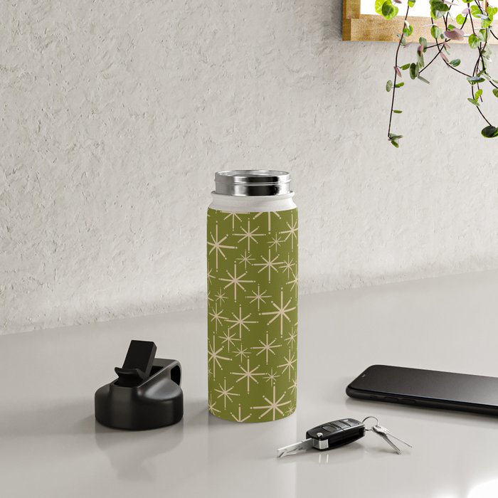 Stella - Retro Midcentury Modern Starbursts in Mid Mod Beige and Olive Green  Water Bottle Gallery Image 4