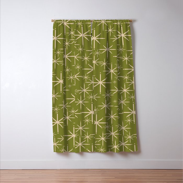 Stella - Retro Midcentury Modern Starbursts in Mid Mod Beige and Olive Green  Window Curtain Gallery Image 3