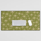 Stella - Retro Midcentury Modern Starbursts in Mid Mod Beige and Olive Green  Desk Mat Gallery Image 1