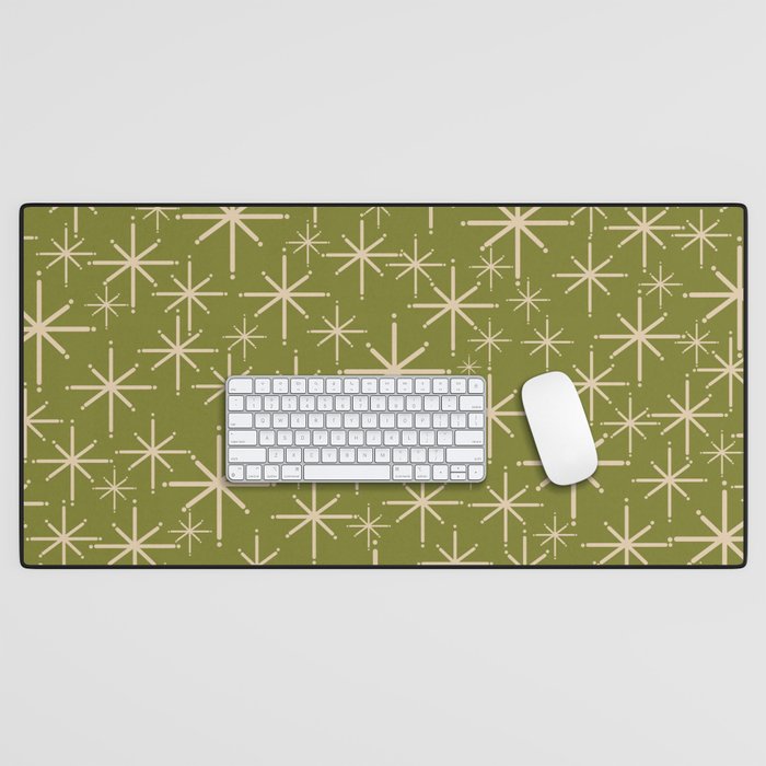 Stella - Retro Midcentury Modern Starbursts in Mid Mod Beige and Olive Green  Desk Mat Gallery Image 1