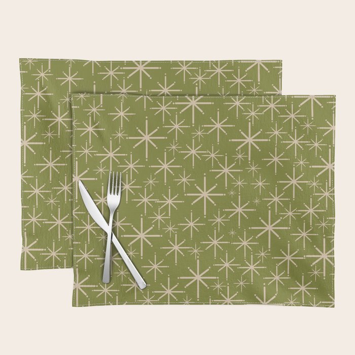 Stella - Retro Midcentury Modern Starbursts in Mid Mod Beige and Olive Green  Placemat Gallery Image 1