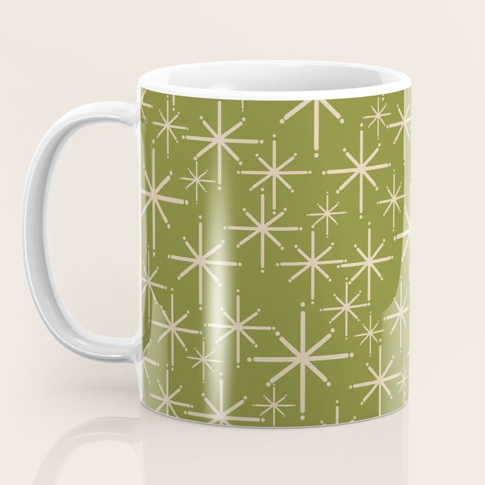 Stella - Retro Midcentury Modern Starbursts in Mid Mod Beige and Olive Green  Coffee Mug Gallery Image 3