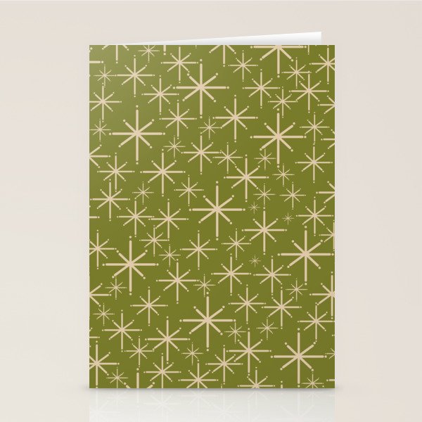 Stella - Retro Midcentury Modern Starbursts in Mid Mod Beige and Olive Green  Stationery Card Gallery Image 2