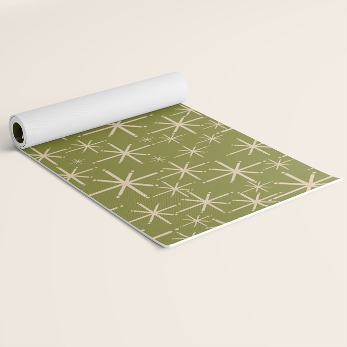 Stella - Retro Midcentury Modern Starbursts in Mid Mod Beige and Olive Green  Yoga Mat Gallery Image 2