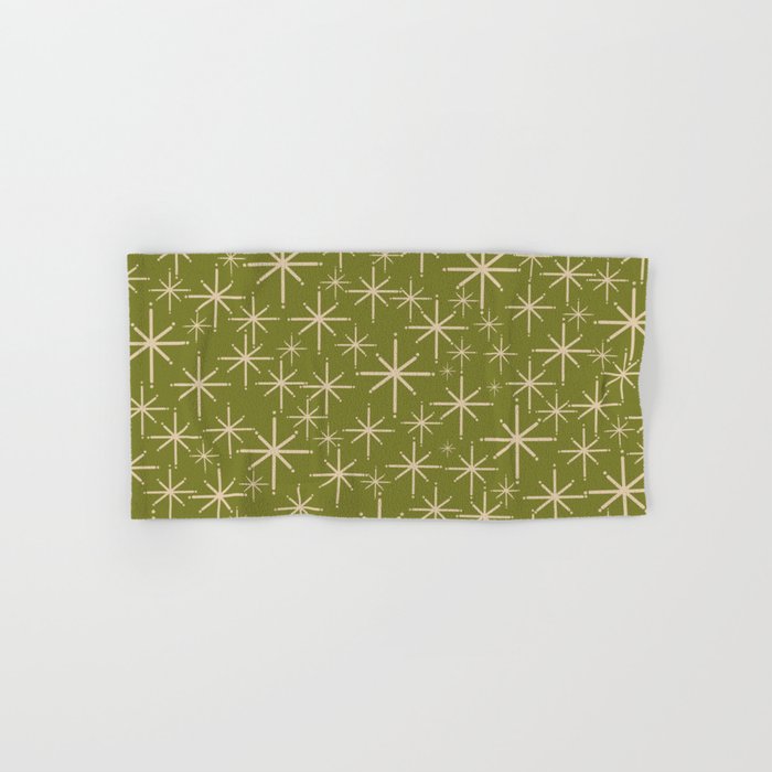 Stella - Retro Midcentury Modern Starbursts in Mid Mod Beige and Olive Green  Bath Towel Gallery Image 1