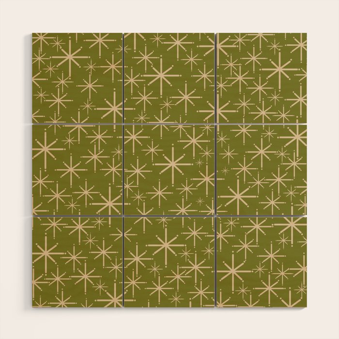 Stella - Retro Midcentury Modern Starbursts in Mid Mod Beige and Olive Green  Wood Wall Art Gallery Image 1