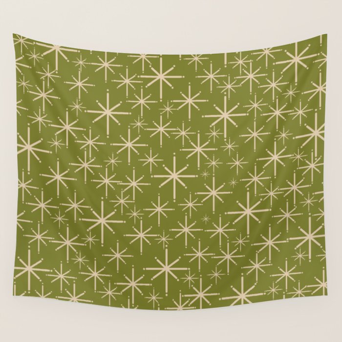 Stella - Retro Midcentury Modern Starbursts in Mid Mod Beige and Olive Green  Wall Tapestry Gallery Image 4