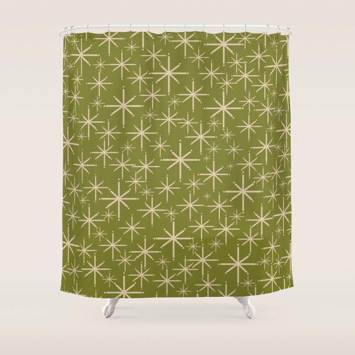 Stella - Retro Midcentury Modern Starbursts in Mid Mod Beige and Olive Green  Shower Curtain Gallery Image 1