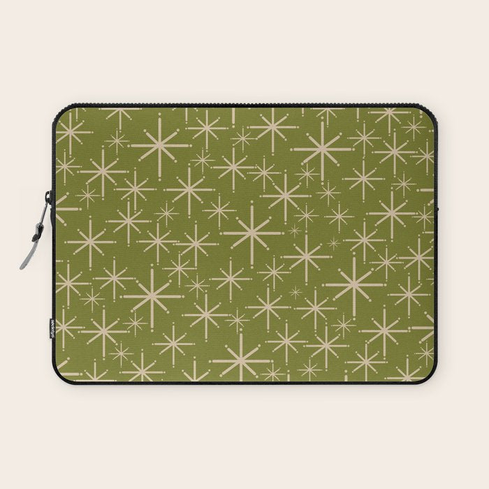 Stella - Retro Midcentury Modern Starbursts in Mid Mod Beige and Olive Green  Laptop Sleeve Gallery Image 1