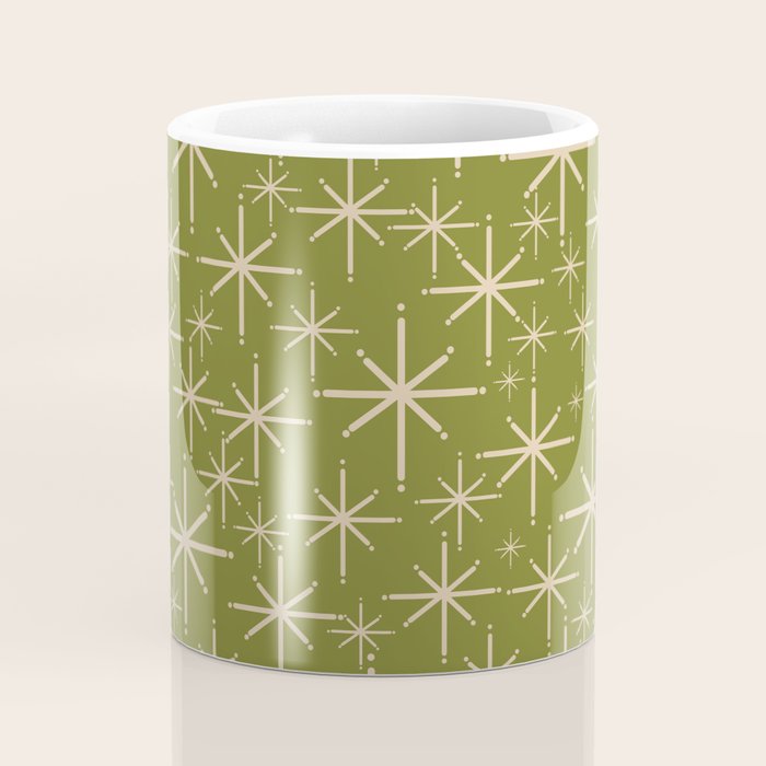 Stella - Retro Midcentury Modern Starbursts in Mid Mod Beige and Olive Green  Coffee Mug Gallery Image 4