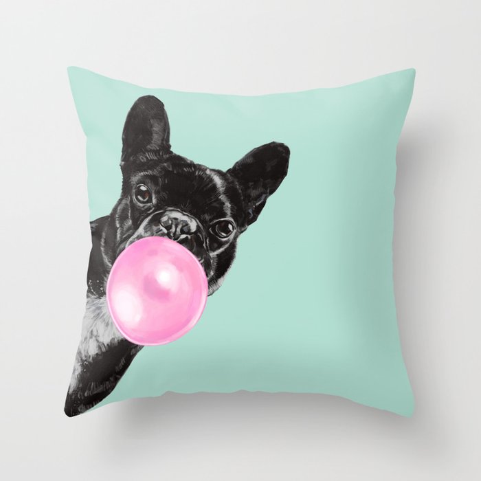 Bubble Gum Sneaky French Bulldog in Green Throw Pillow Gallery Image 6