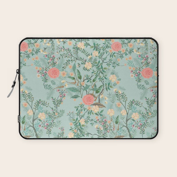 Chinoiserie Aqua Green Pastel Fresco Floral Garden Birds Oriental Botanical Laptop Sleeve Gallery Image 1