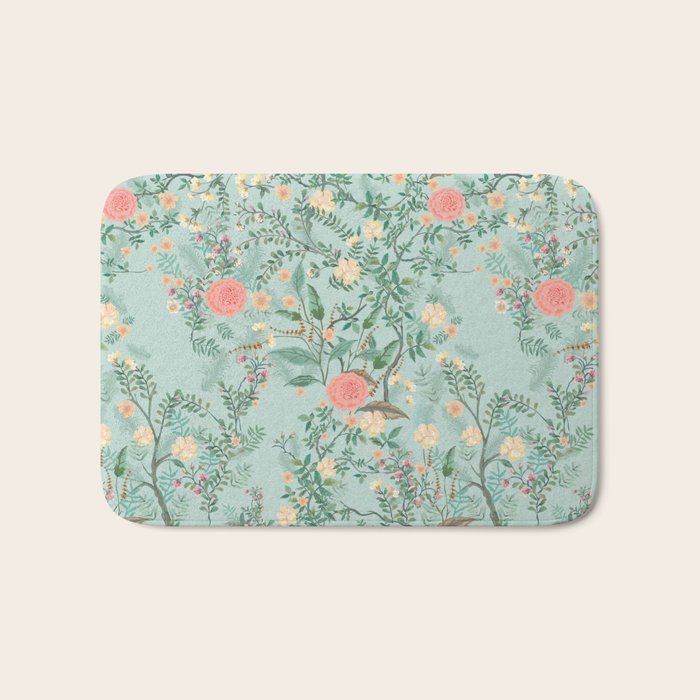 Chinoiserie Aqua Green Pastel Fresco Floral Garden Birds Oriental Botanical Bath Mat Gallery Image 1
