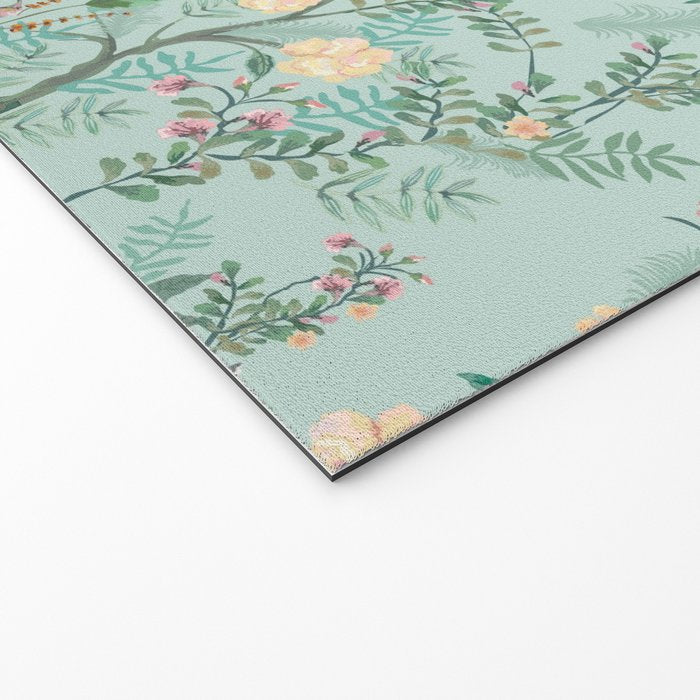 Chinoiserie Aqua Green Pastel Fresco Floral Garden Birds Oriental Botanical Welcome Mat Gallery Image 2