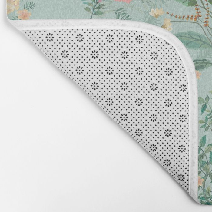 Chinoiserie Aqua Green Pastel Fresco Floral Garden Birds Oriental Botanical Bath Mat Gallery Image 2