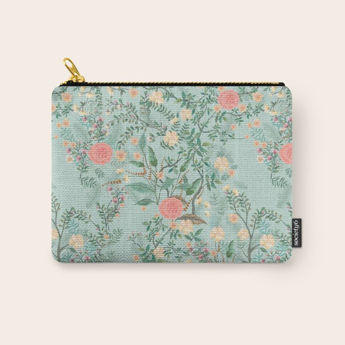 Chinoiserie Aqua Green Pastel Fresco Floral Garden Birds Oriental Botanical Carry All Pouch Gallery Image 1