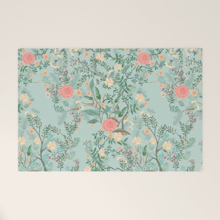 Chinoiserie Aqua Green Pastel Fresco Floral Garden Birds Oriental Botanical Welcome Mat Gallery Image 1