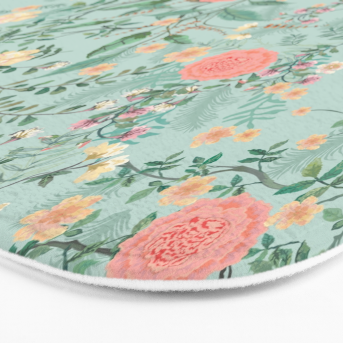 Chinoiserie Aqua Green Pastel Fresco Floral Garden Birds Oriental Botanical Bath Mat Gallery Image 3