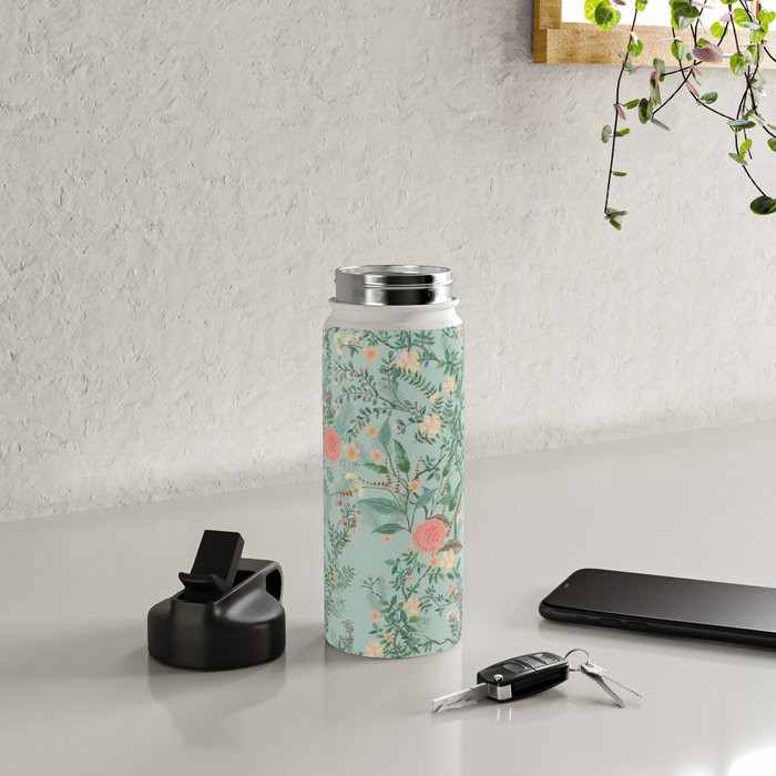 Chinoiserie Aqua Green Pastel Fresco Floral Garden Birds Oriental Botanical Water Bottle Gallery Image 4