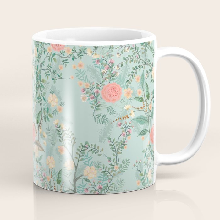Chinoiserie Aqua Green Pastel Fresco Floral Garden Birds Oriental Botanical Coffee Mug Gallery Image 1