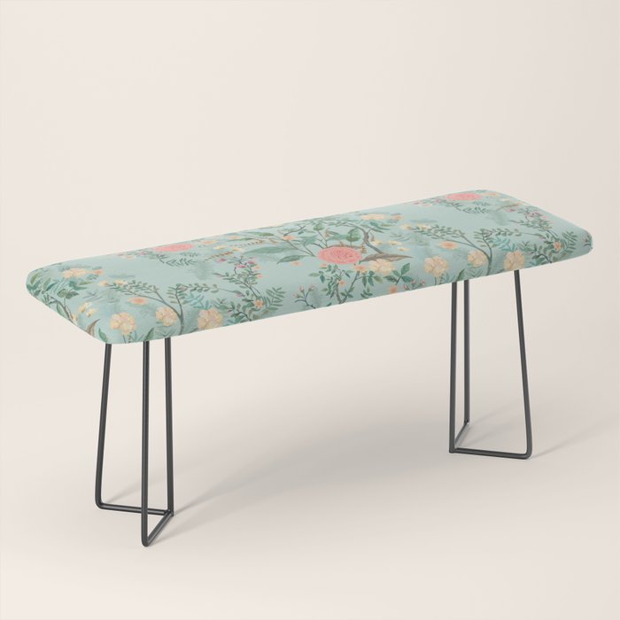 Chinoiserie Aqua Green Pastel Fresco Floral Garden Birds Oriental Botanical Bench Gallery Image 1