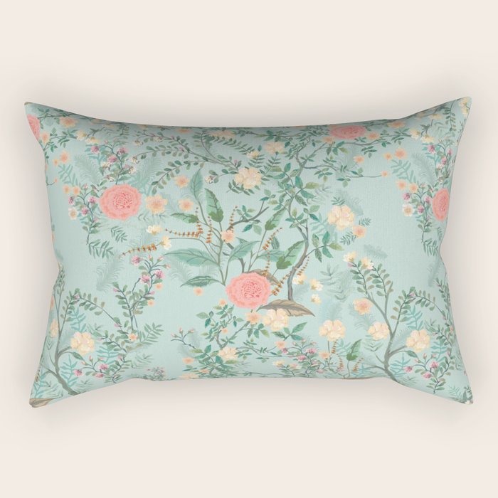 Chinoiserie Aqua Green Pastel Fresco Floral Garden Birds Oriental Botanical Rectangular Pillow Gallery Image 1