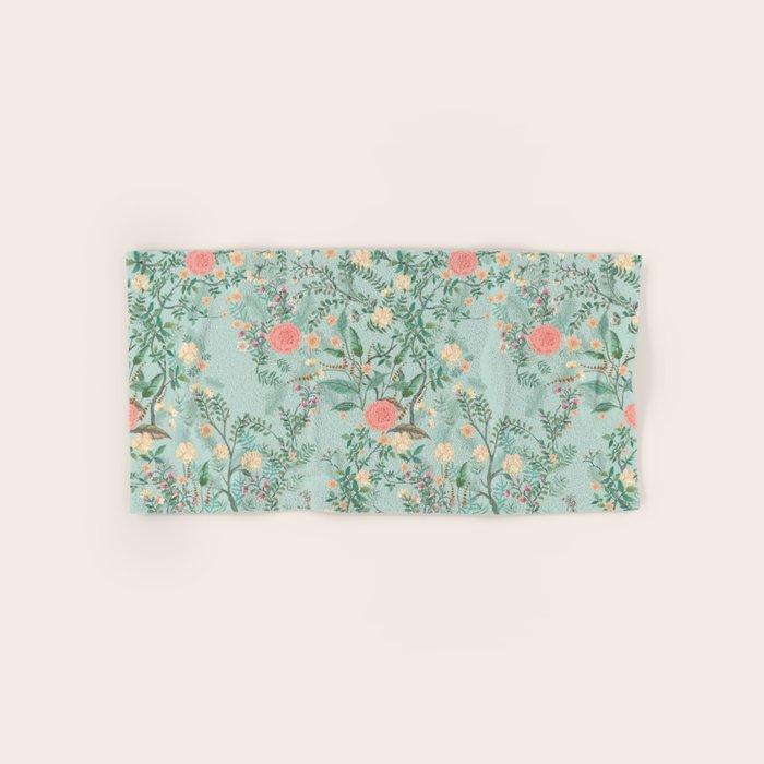 Chinoiserie Aqua Green Pastel Fresco Floral Garden Birds Oriental Botanical Bath Towel Gallery Image 1