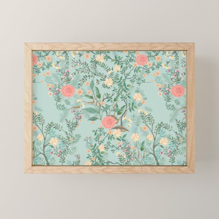 Chinoiserie Aqua Green Pastel Fresco Floral Garden Birds Oriental Botanical Mini Art Print Gallery Image 1