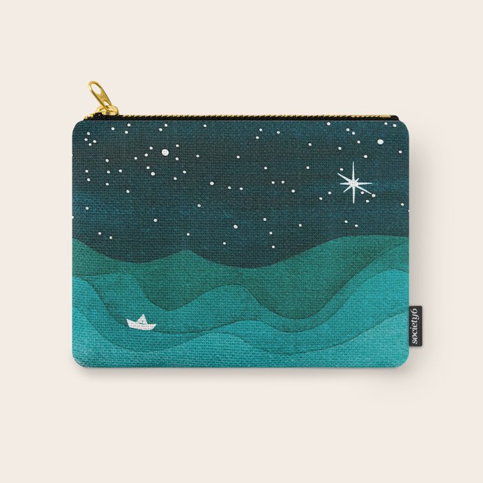 Starry Ocean, teal sailboat watercolor sea waves night Carry All Pouch Gallery Image 1
