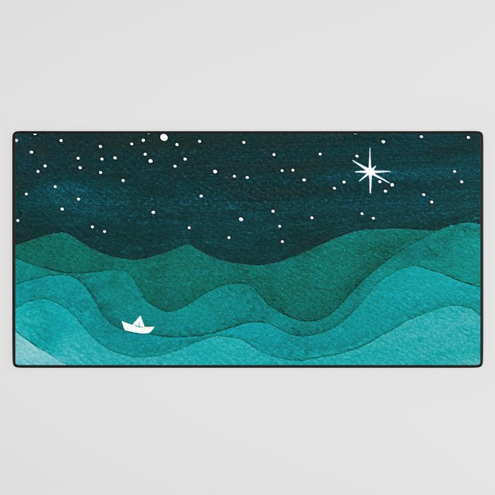 Starry Ocean, teal sailboat watercolor sea waves night Desk Mat Gallery Image 3