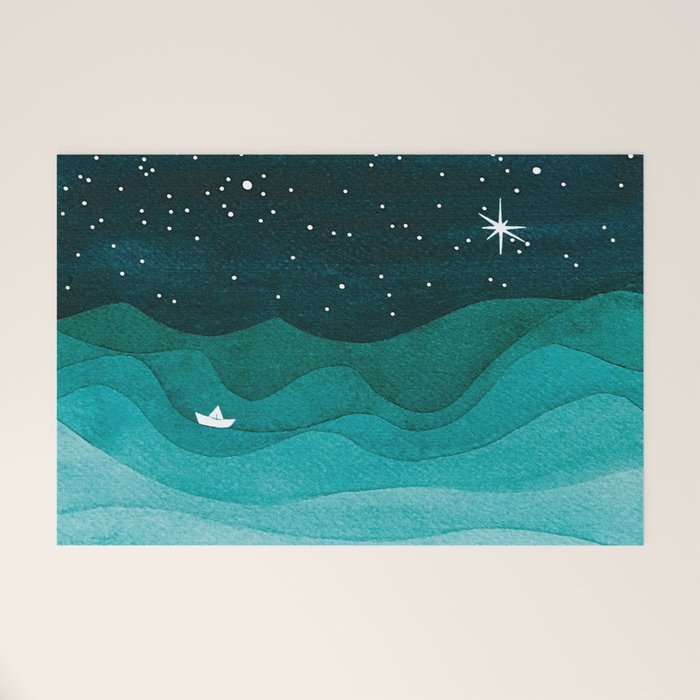Starry Ocean, teal sailboat watercolor sea waves night Welcome Mat Gallery Image 1