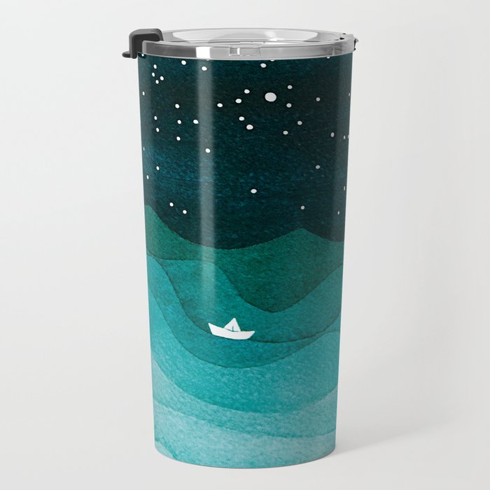 Starry Ocean, teal sailboat watercolor sea waves night Travel Mug Gallery Image 3