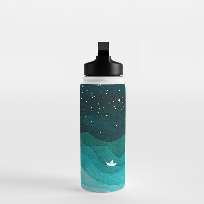 Starry Ocean, teal sailboat watercolor sea waves night Water Bottle Gallery Image 3