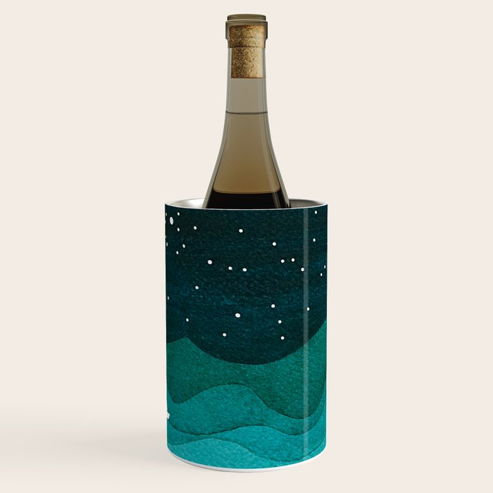 Starry Ocean, teal sailboat watercolor sea waves night Wine Chiller Gallery Image 1