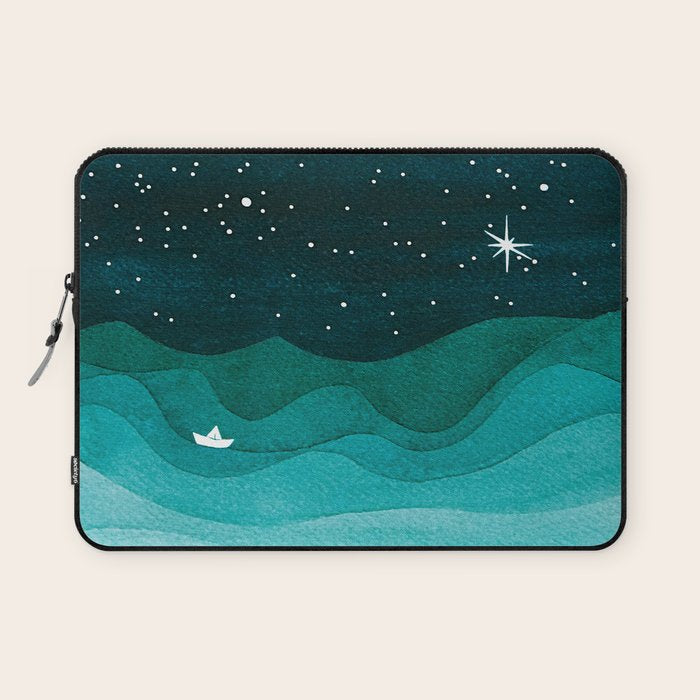 Starry Ocean, teal sailboat watercolor sea waves night Laptop Sleeve Gallery Image 1