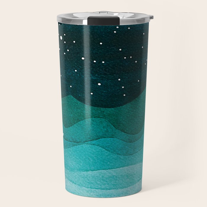 Starry Ocean, teal sailboat watercolor sea waves night Travel Mug Gallery Image 1