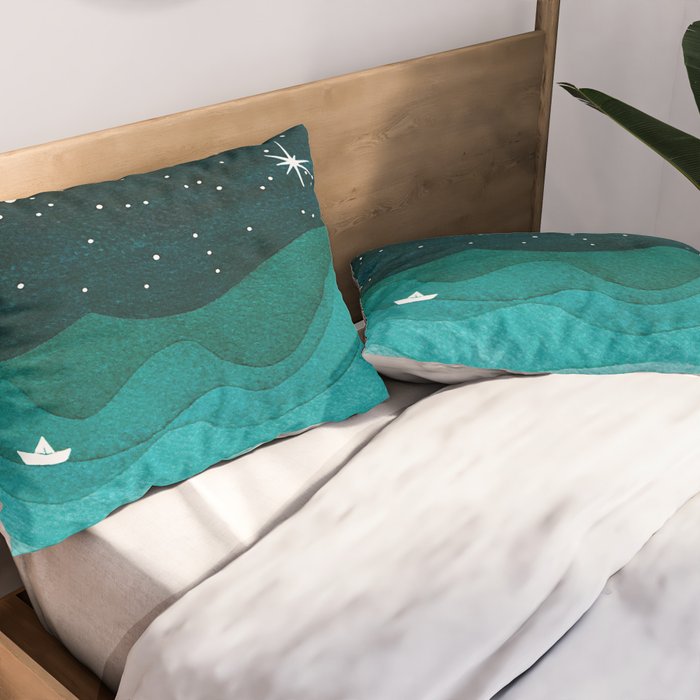 Starry Ocean, teal sailboat watercolor sea waves night Pillow Sham Gallery Image 2