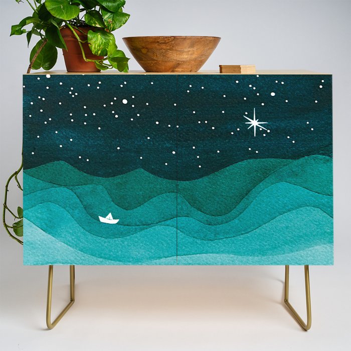 Starry Ocean, teal sailboat watercolor sea waves night Credenza Gallery Image 1