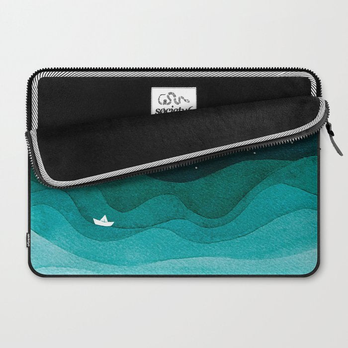 Starry Ocean, teal sailboat watercolor sea waves night Laptop Sleeve Gallery Image 2