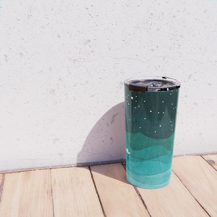 Starry Ocean, teal sailboat watercolor sea waves night Travel Mug Gallery Image 4