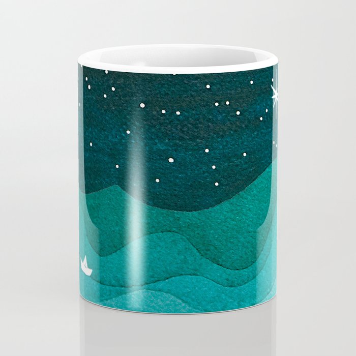 Starry Ocean, teal sailboat watercolor sea waves night Coffee Mug Gallery Image 4